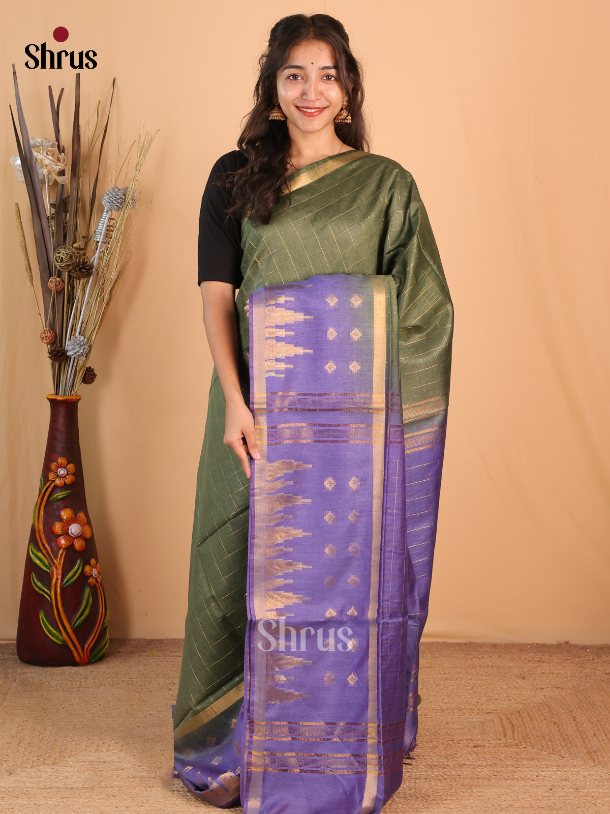 Green & Purple - Semi Tussar Saree - Shop on Shrus.com