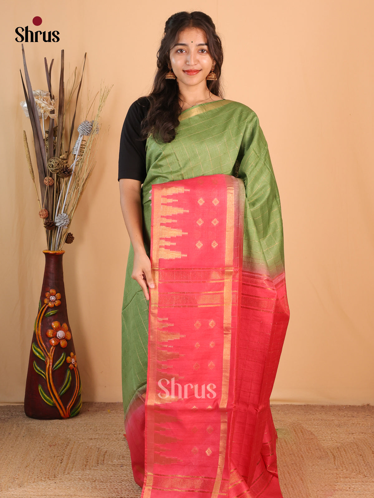 Green & Red - Semi Tussar Saree - Shop on Shrus.com