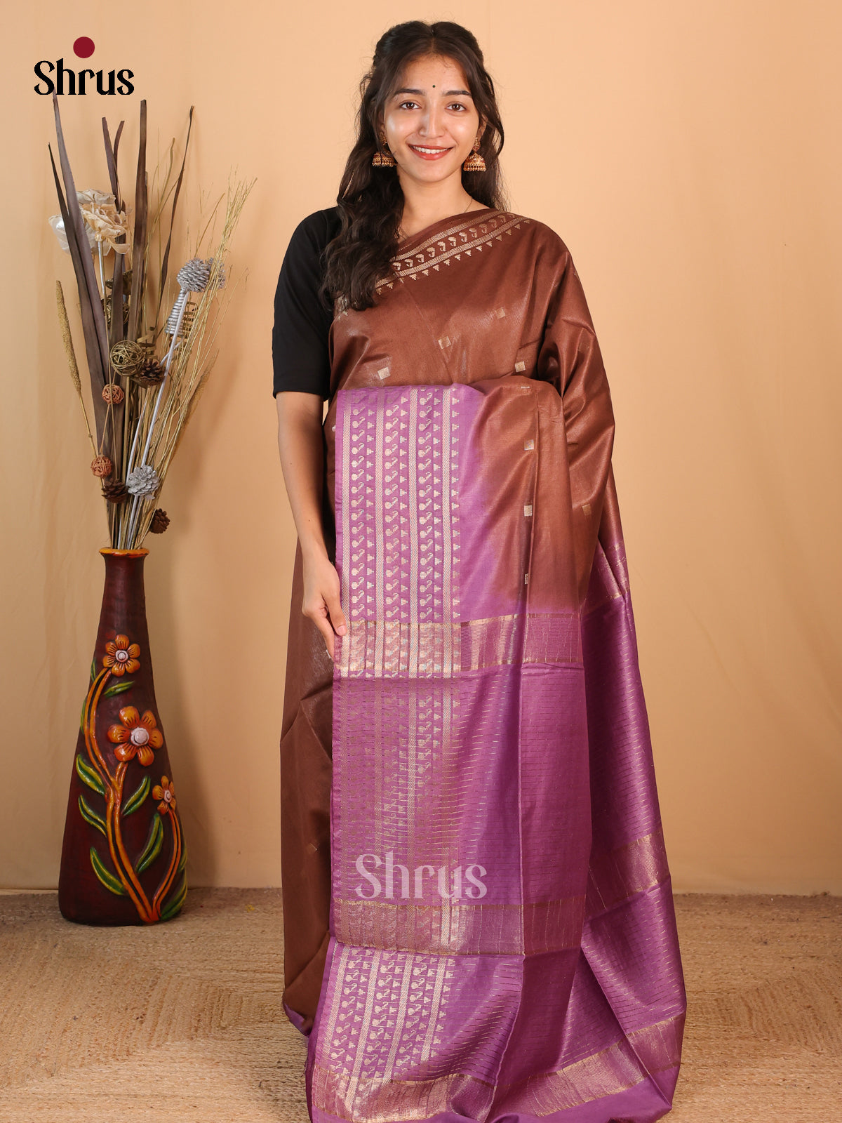 Brown & Purple - Semi Tussar Saree - Shop on Shrus.com