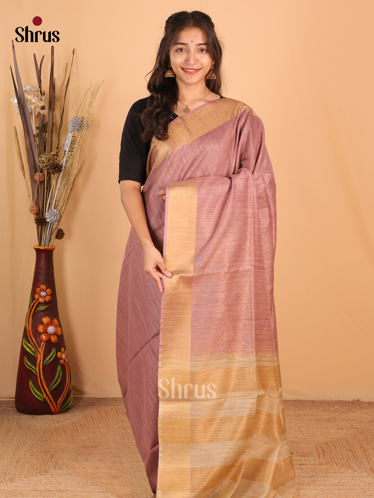 Dusty Brown & Cream- Semi Tussar Saree - Shop on Shrus.com