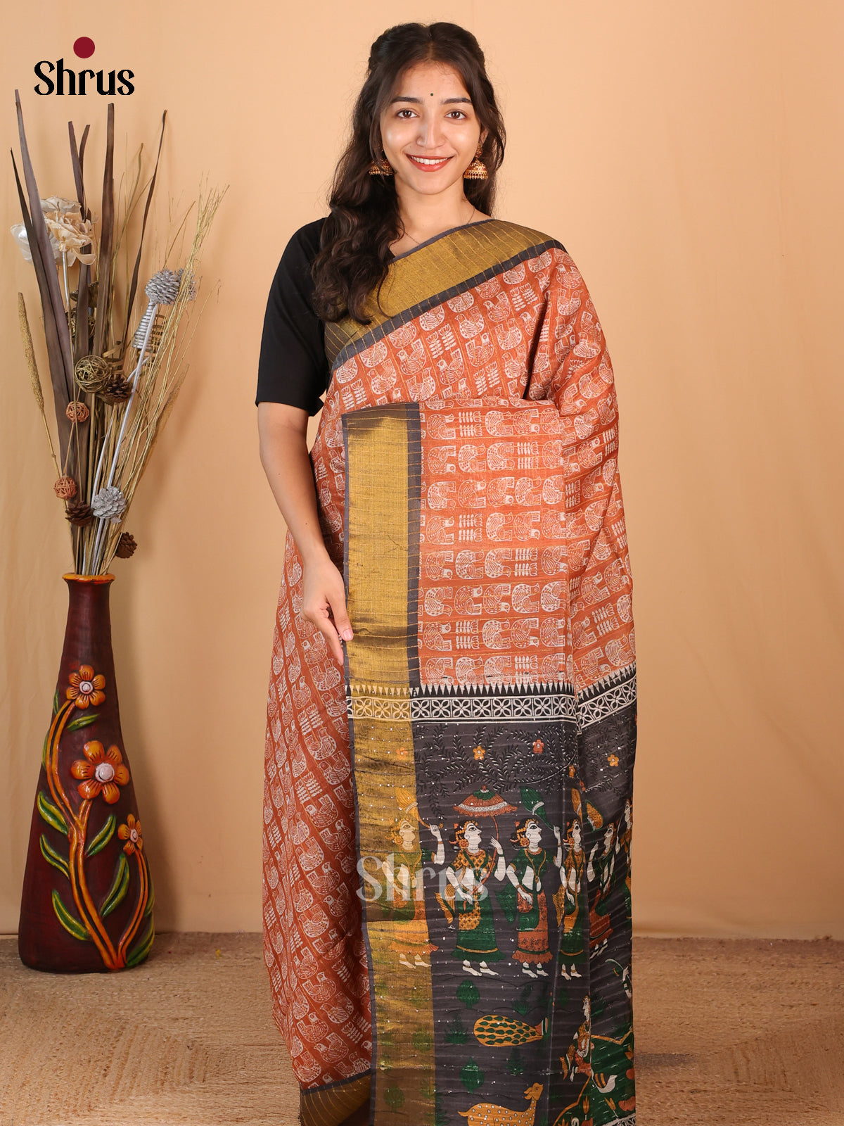 Orange & Black - Printed Tussar Saree - Shop on Shrus.com