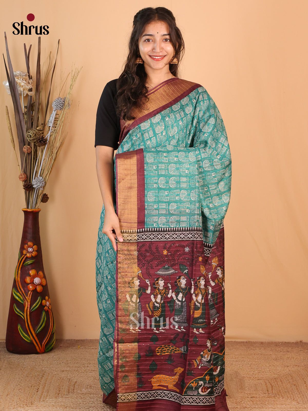 Blue & Brown - Printed Tussar Saree - Shop on Shrus.com