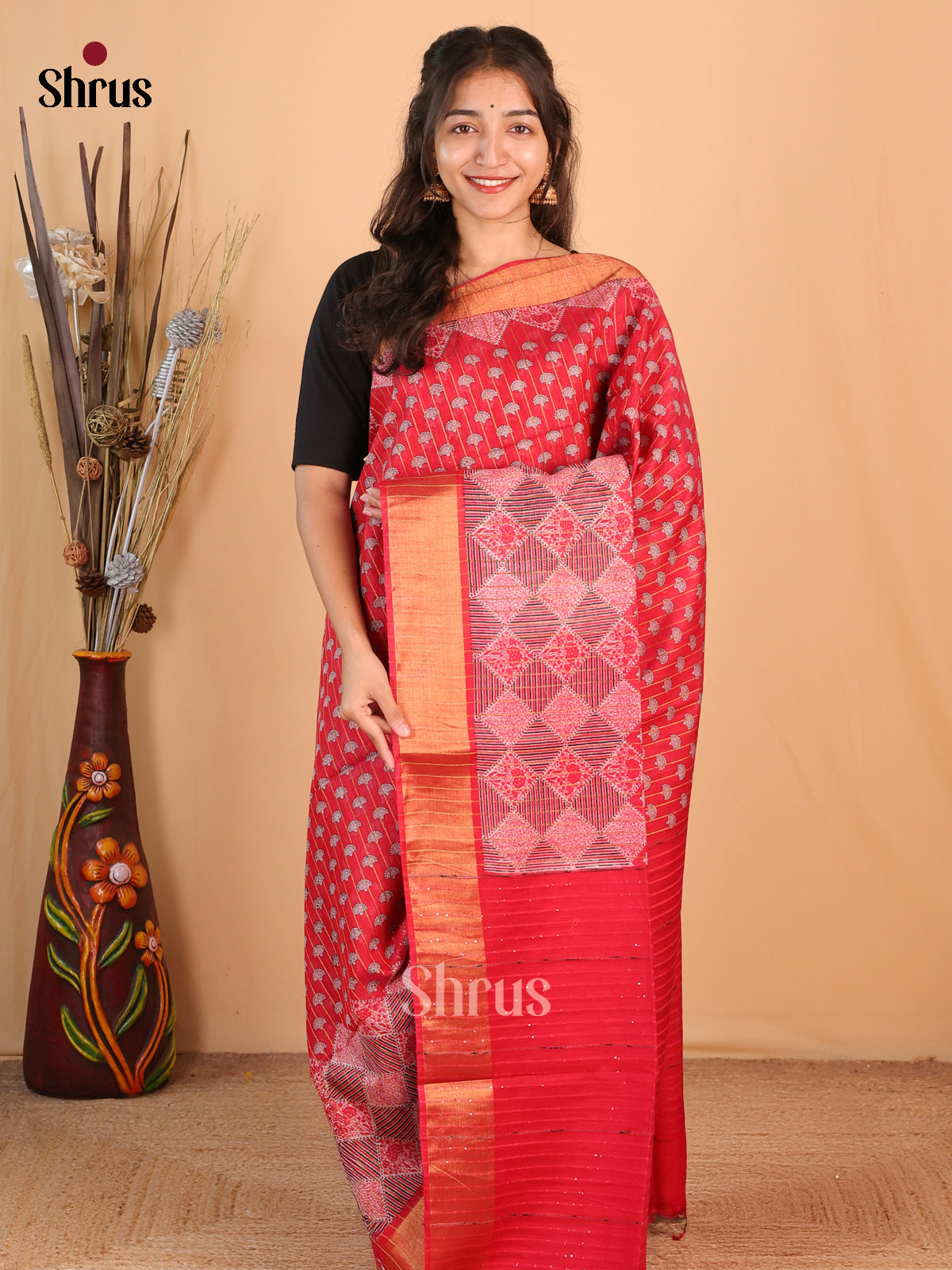 Red - Printed Tussar Saree - Shop on Shrus.com