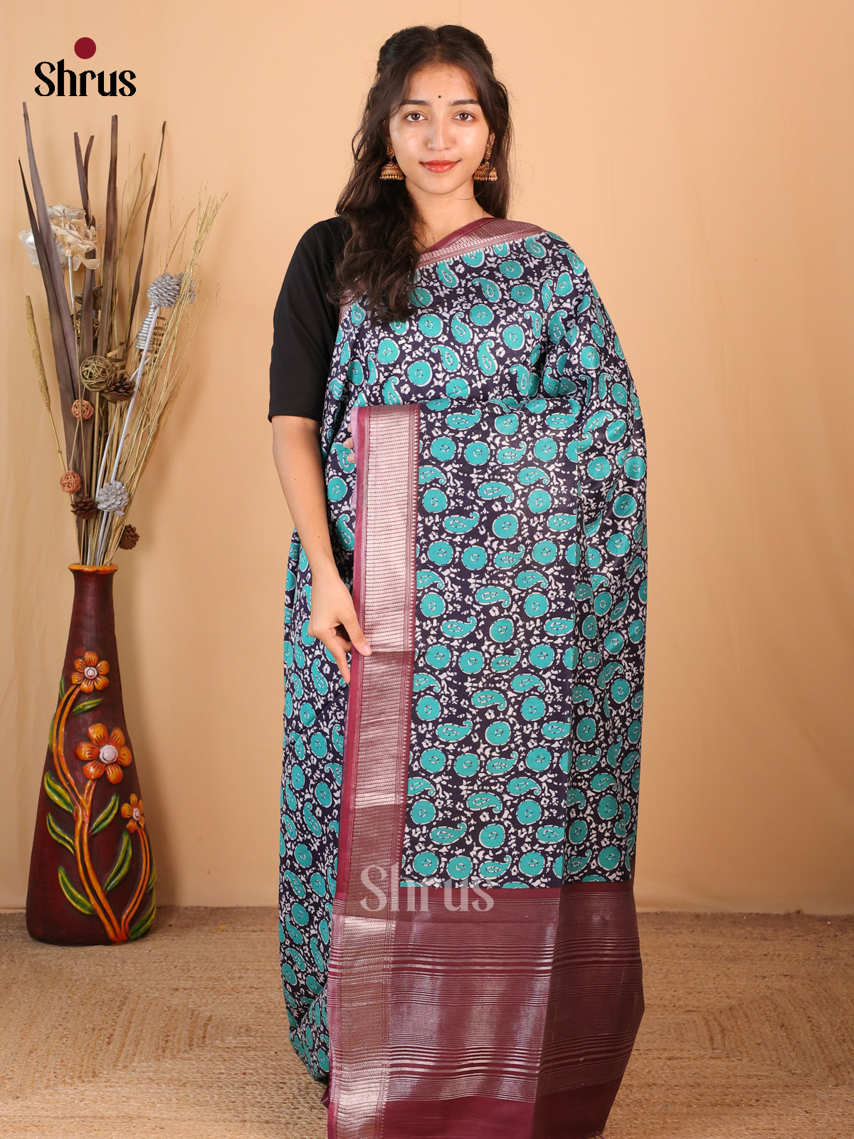Blue & Brown - Printed Tussar Saree - Shop on Shrus.com
