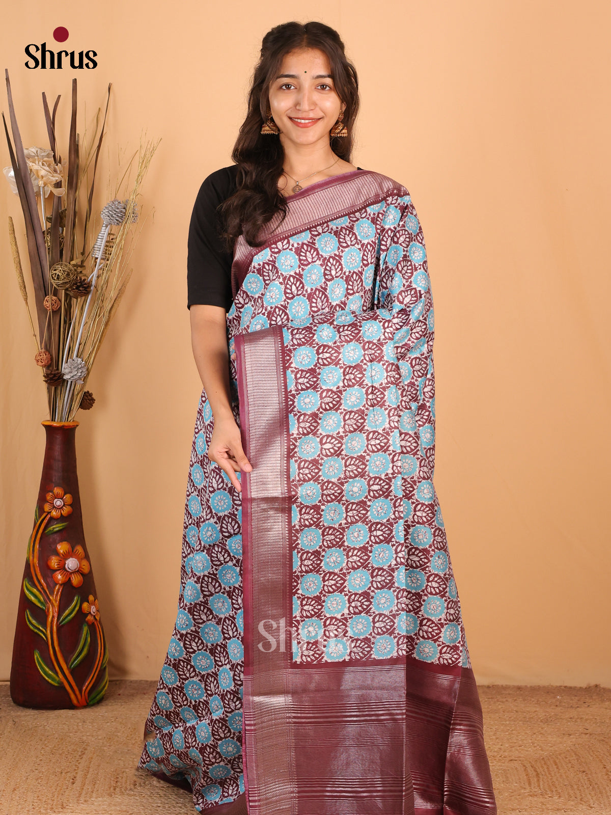 Wine & Blue - Printed Tussar Saree - Shop on Shrus.com