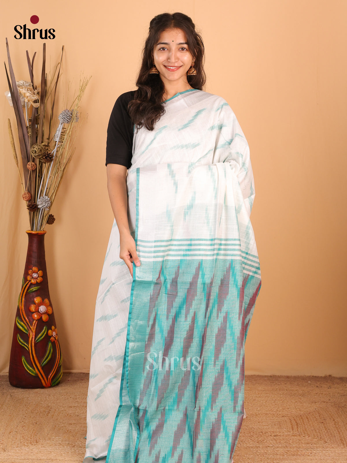 White & Blue - Semi Ikkat Saree - Shop on Shrus.com