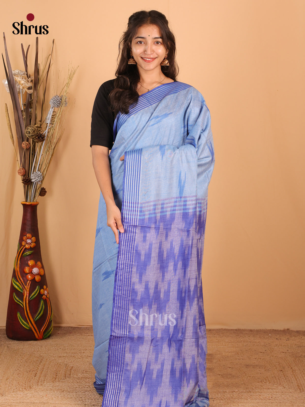 Blue & Purple - Semi Ikkat Saree - Shop on Shrus.com