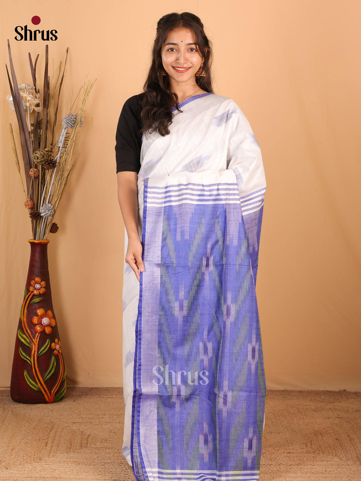 White & Blue - Semi Ikkat Saree - Shop on Shrus.com