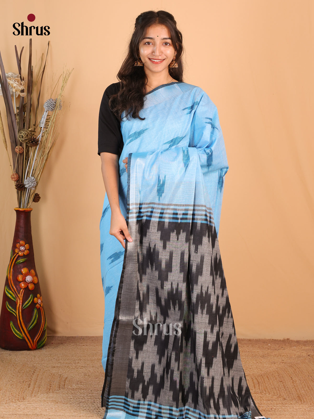 Blue & Grey - Semi Ikkat Saree - Shop on Shrus.com