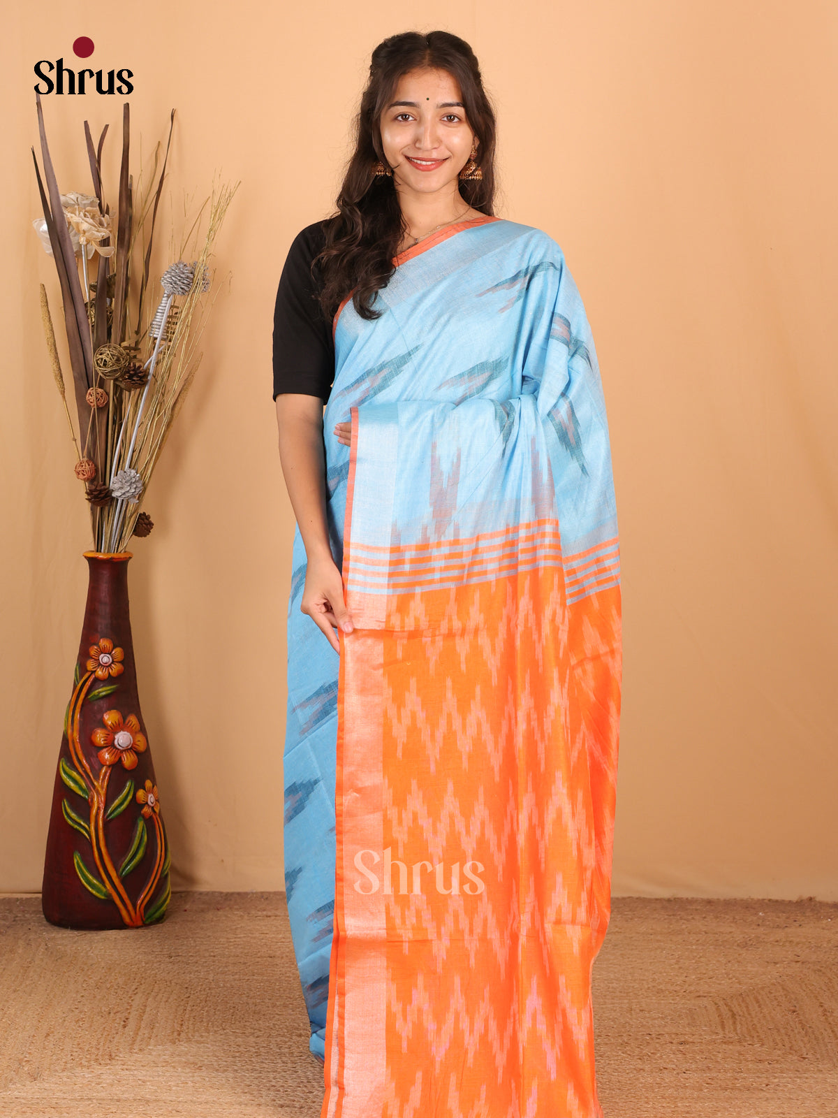 Blue & Orange - Semi Ikkat Saree - Shop on Shrus.com