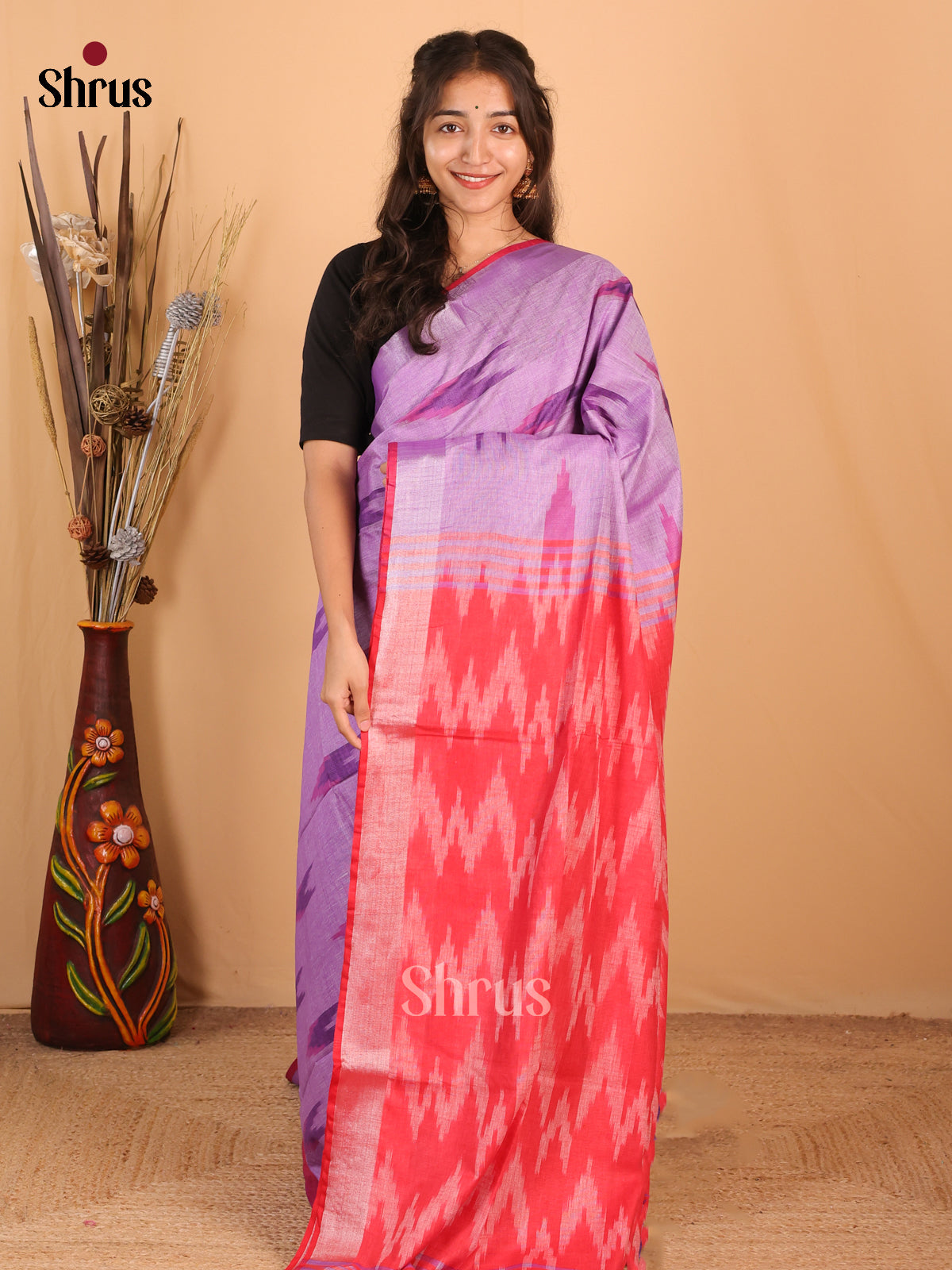 Lavender & Red - Semi Ikkat Saree - Shop on Shrus.com