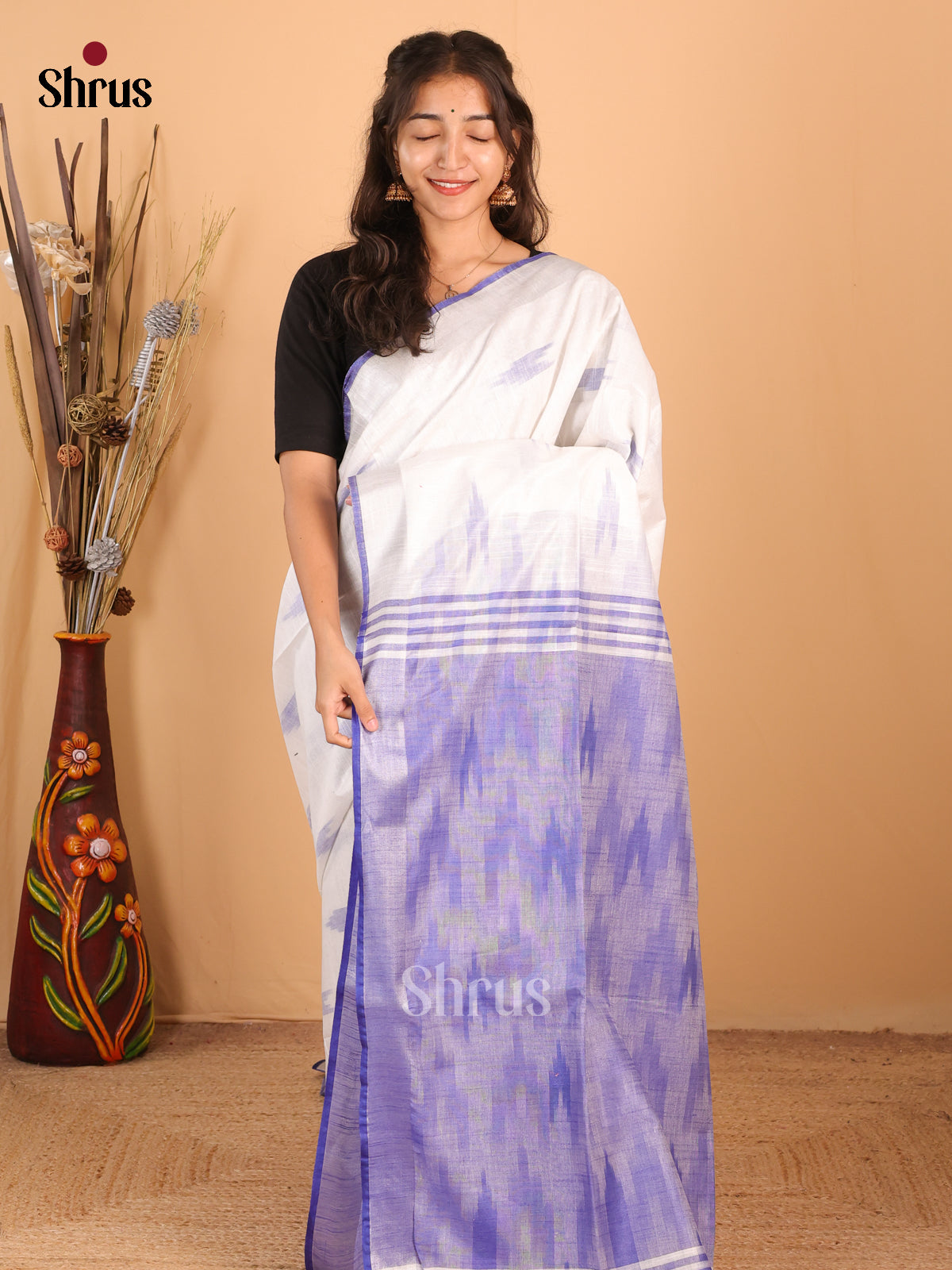 White & Purple - Semi Ikkat Saree - Shop on Shrus.com