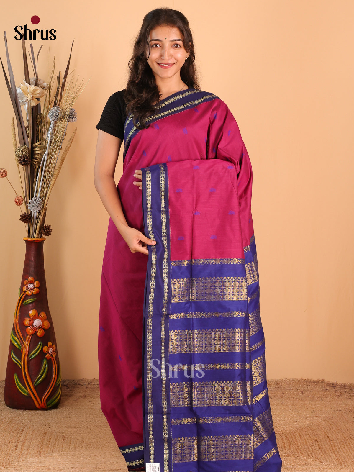 Charming Maroon Kalyani Cotton Saree with Buttas, Contrast Blue Rettapet Border & Pallu with Golden Zari. - Shop on Shrus.com