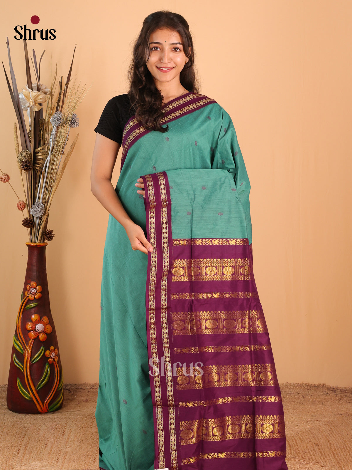Elegant Teal Kalyani Cotton Saree, Purple Golden Zari Woven Rettapet Border And Pallu. - Shop on Shrus.com