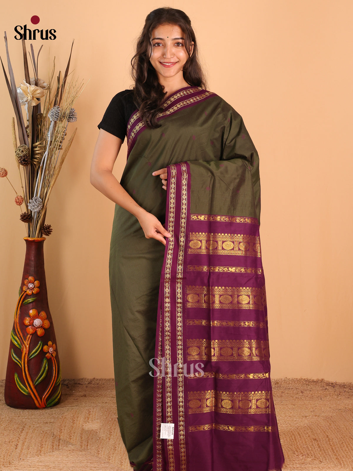 Serene Green Kalyani Cotton Saree with Purple Rettapet Border And Pallu With Zari. - Shop on Shrus.com