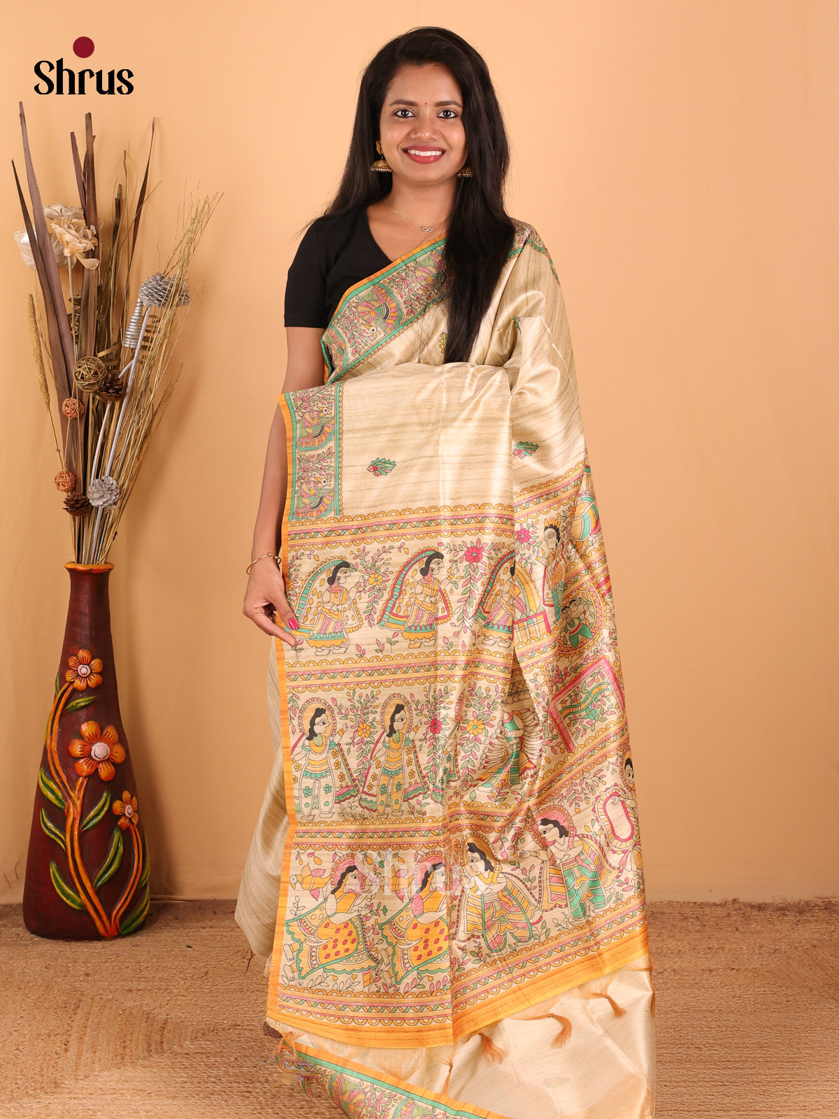 Cream & Mustard - Printed Madhubani Saree - Shop on Shrus.com