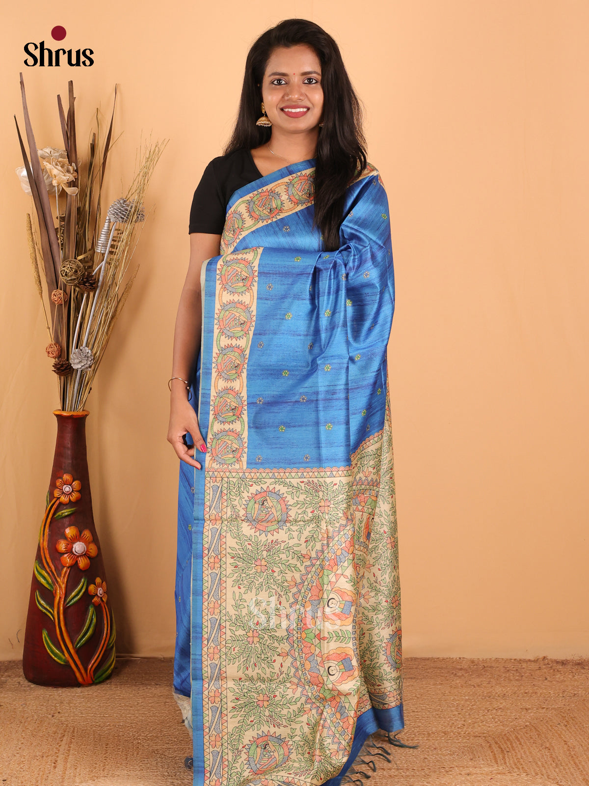 Blue & Cream - Printed Madhubani Saree - Shop on Shrus.com