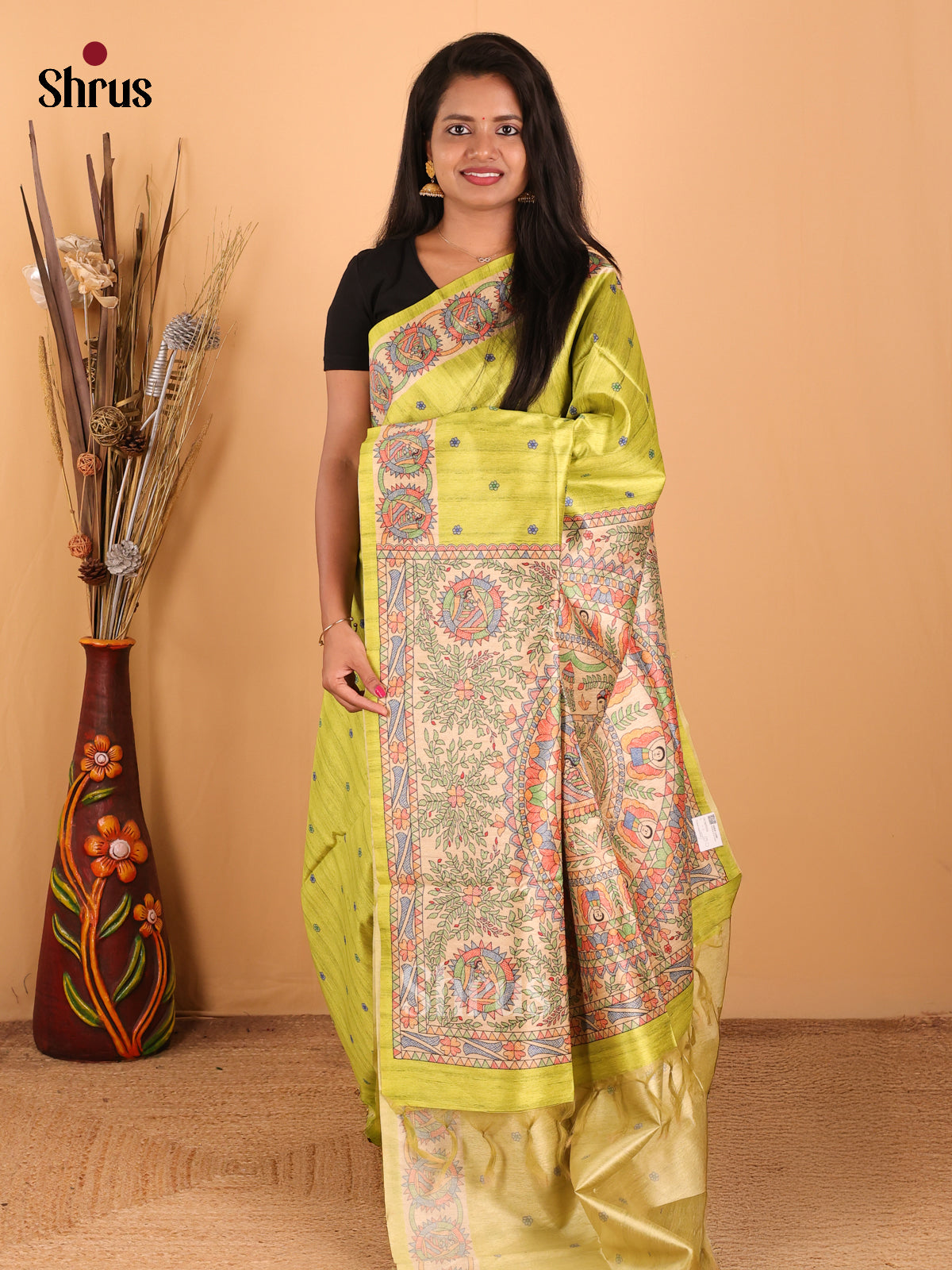 Lite Green & Cream - Printed Madhubani Saree - Shop on Shrus.com