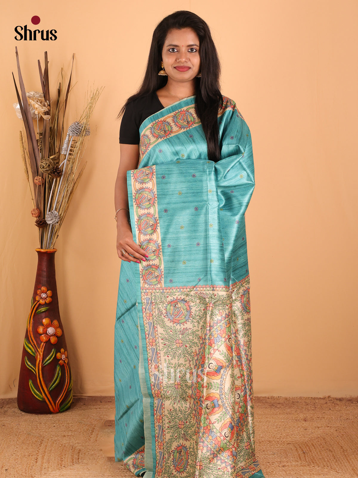 Blue & Cream - Printed Madhubani Saree - Shop on Shrus.com
