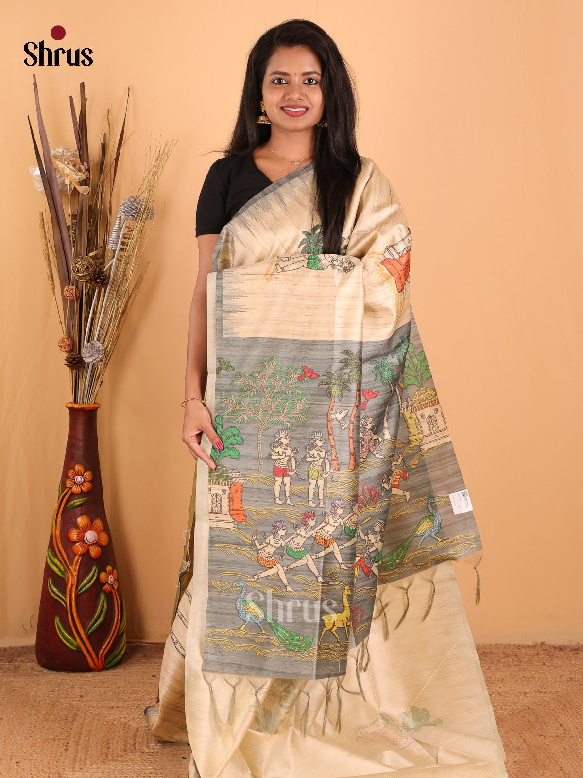 Cream & Green - Printed Madhubani Saree - Shop on Shrus.com