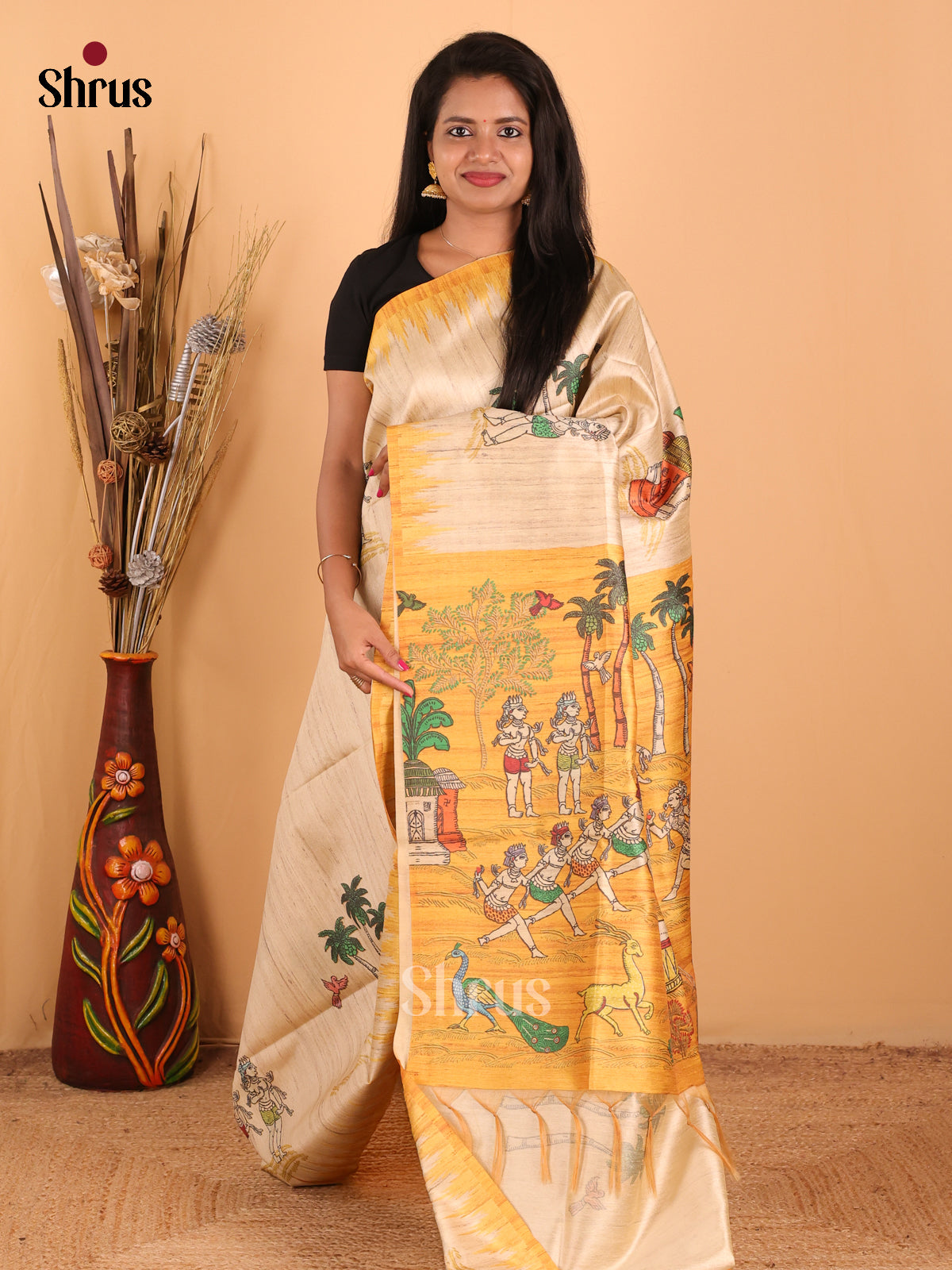Cream & Yellow- Printed Madhubani Saree - Shop on Shrus.com