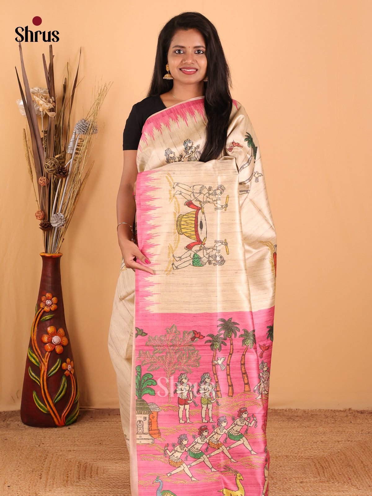 Cream & Pink - Printed Madhubani Saree - Shop on Shrus.com