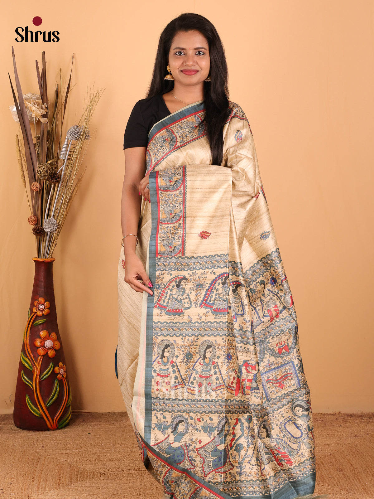 Cream & Grey - Printed Madhubani Saree - Shop on Shrus.com