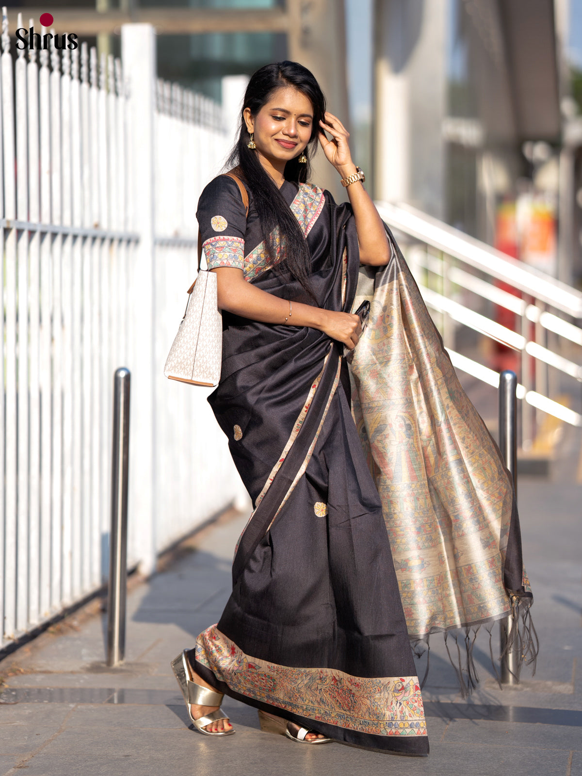 Black & Cream - Printed Madhubani Saree - Shop on Shrus.com