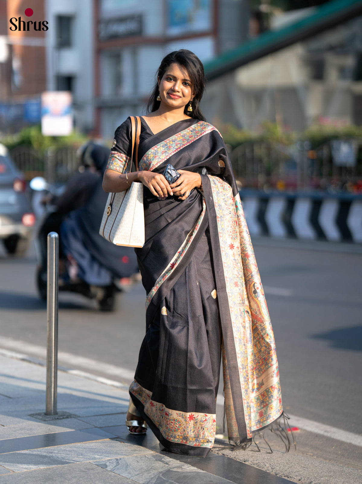 Black & Cream - Printed Madhubani Saree - Shop on Shrus.com