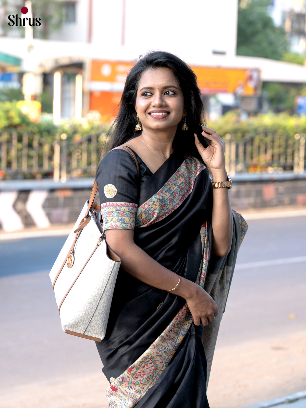 Black & Cream - Printed Madhubani Saree - Shop on Shrus.com