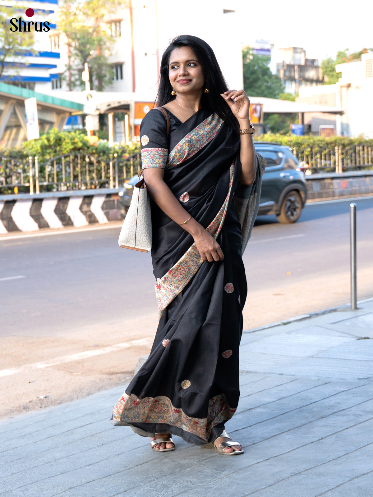 Black & Cream - Printed Madhubani Saree - Shop on Shrus.com
