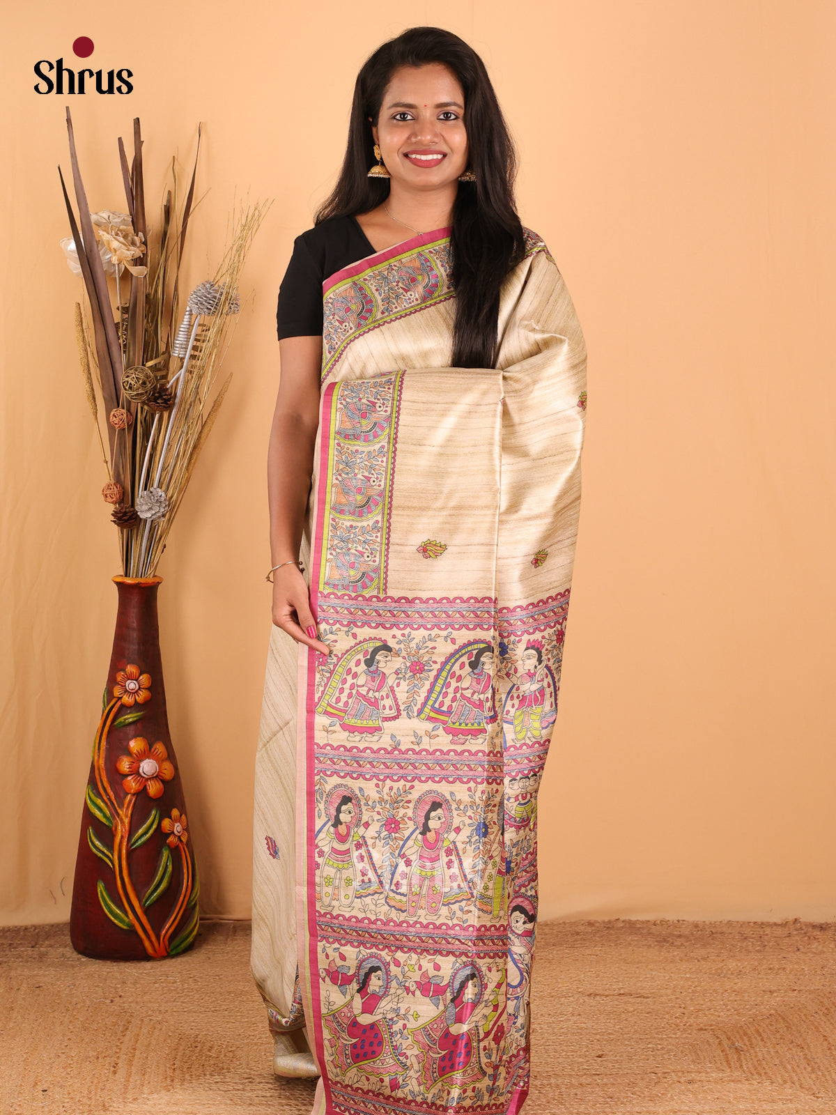 Cream & Pink - Printed Madhubani Saree - Shop on Shrus.com