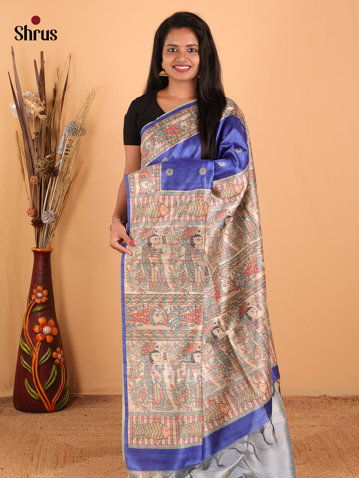 Blue & Cream - Printed Madhubani Saree - Shop on Shrus.com