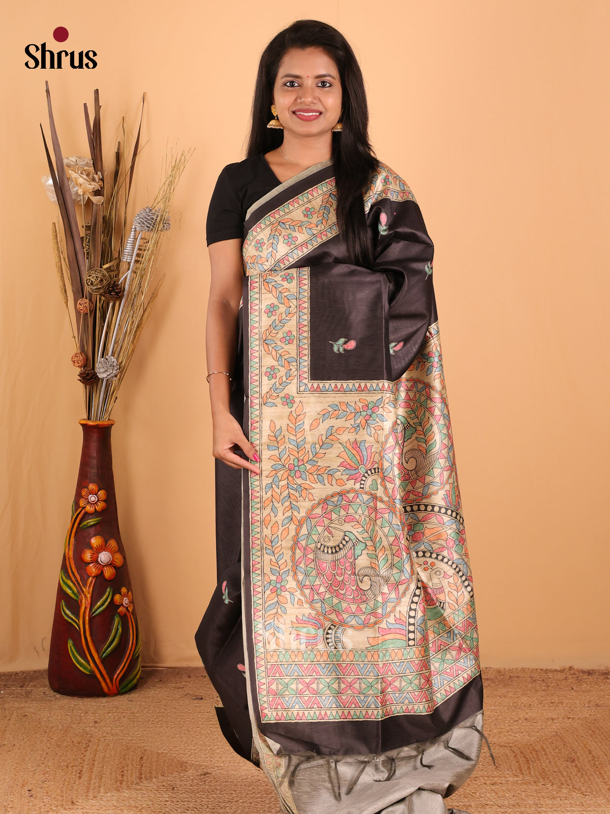 Black & Cream - Printed Madhubani Saree - Shop on Shrus.com