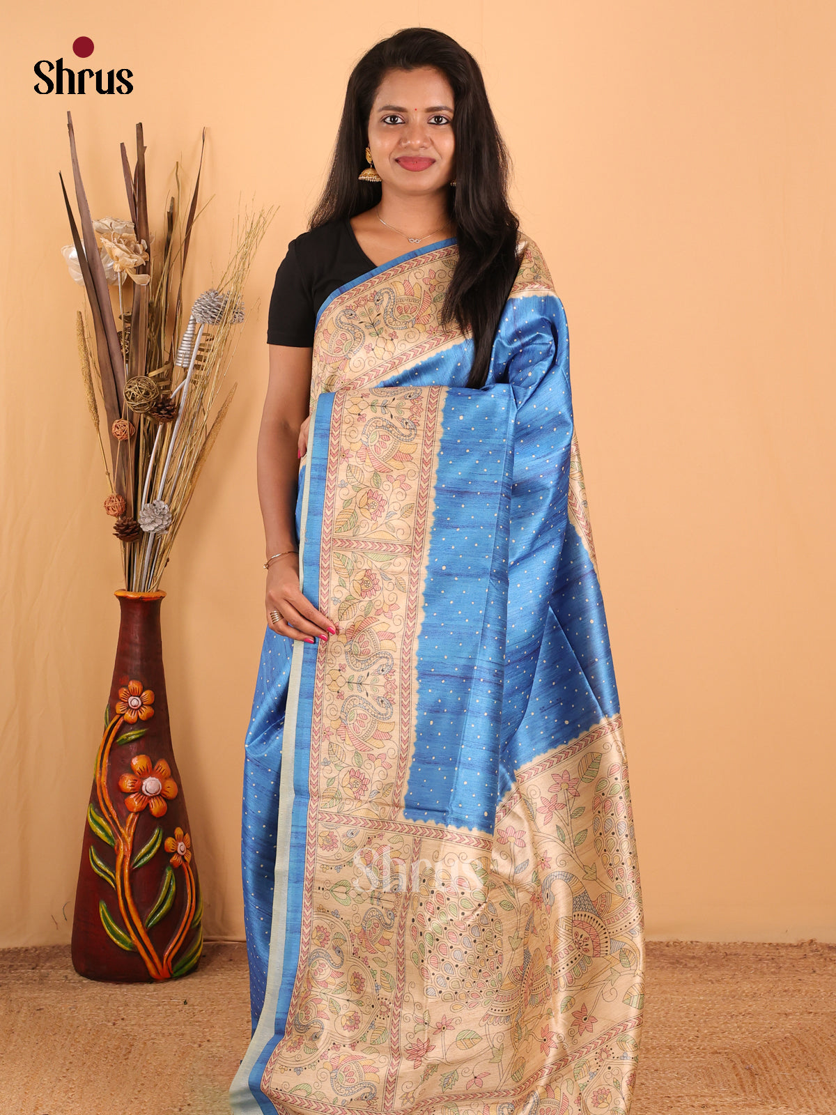 Blue & Cream - Printed Madhubani Saree - Shop on Shrus.com