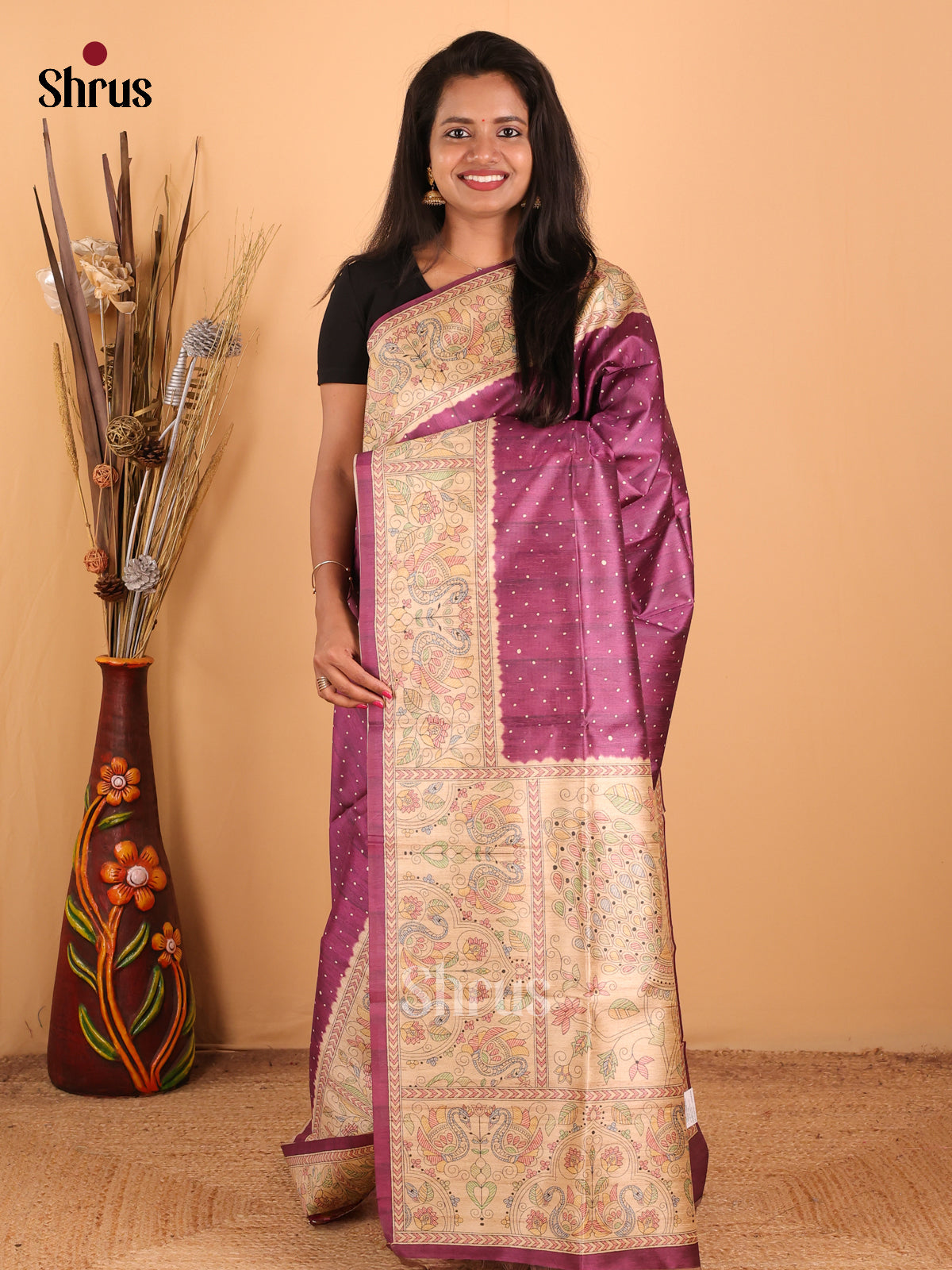 Purple & Cream - Printed Madhubani Saree - Shop on Shrus.com
