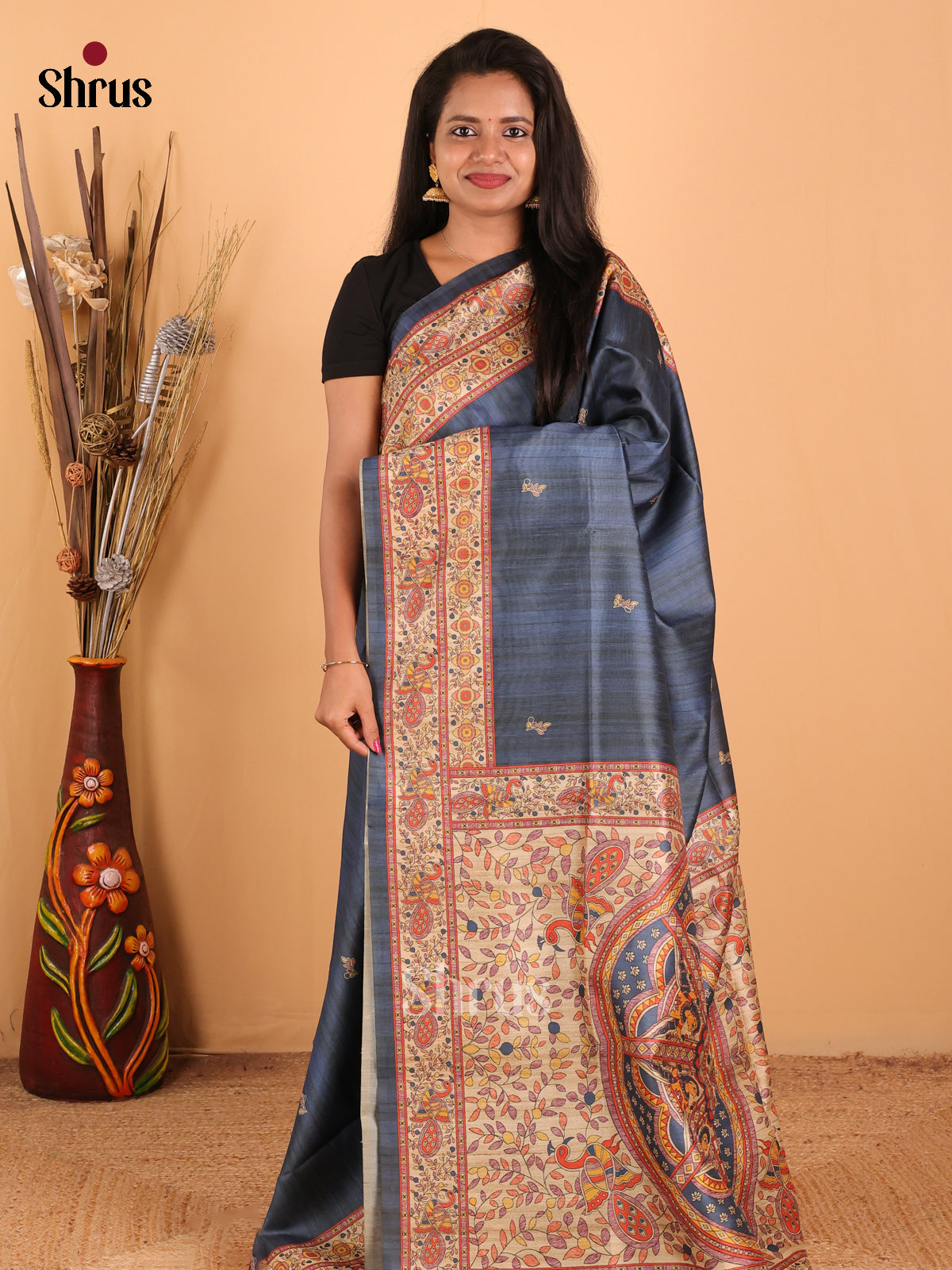 Midnight Blue & Beige - Printed Madhubani Saree - Shop on Shrus.com