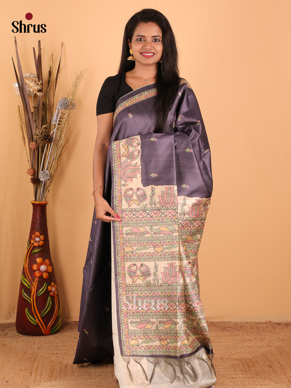 Black & Cream - Printed Madhubani Saree - Shop on Shrus.com