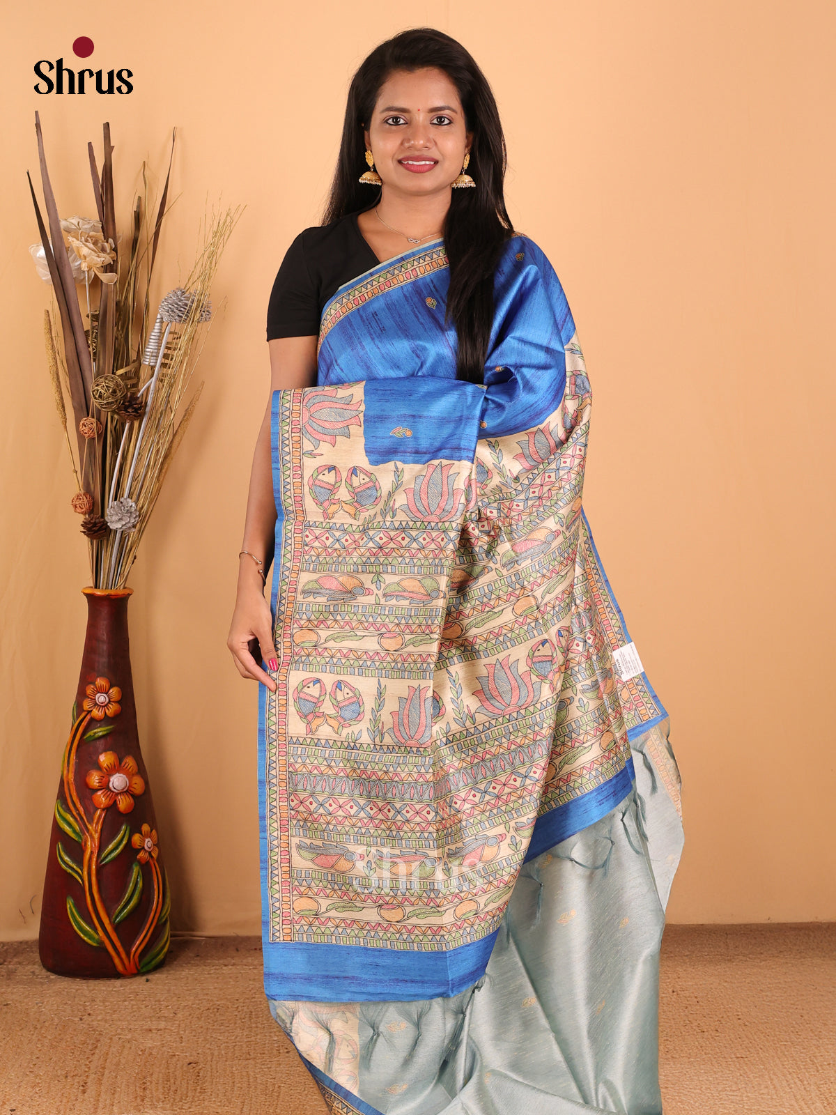 Blue & Cream - Printed Madhubani Saree - Shop on Shrus.com