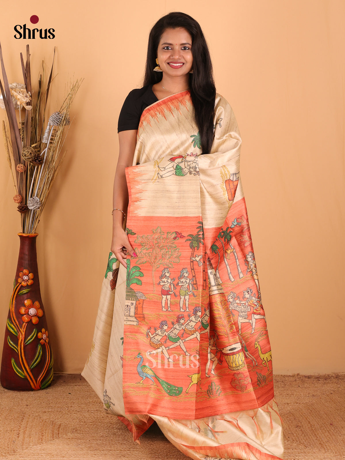 Cream & Orange - Printed Madhubani Saree - Shop on Shrus.com