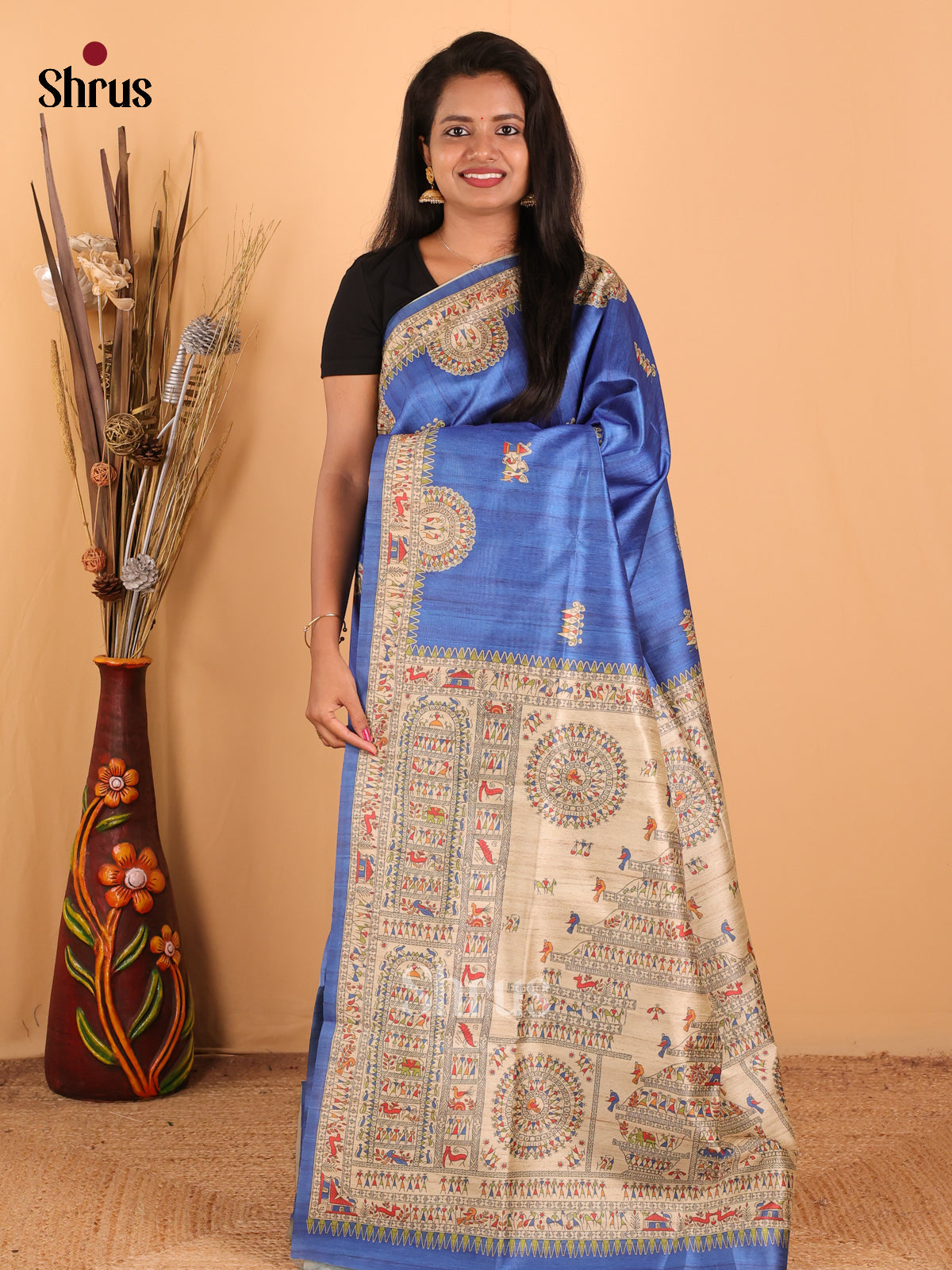 Blue & Cream- Printed Madhubani Saree - Shop on Shrus.com