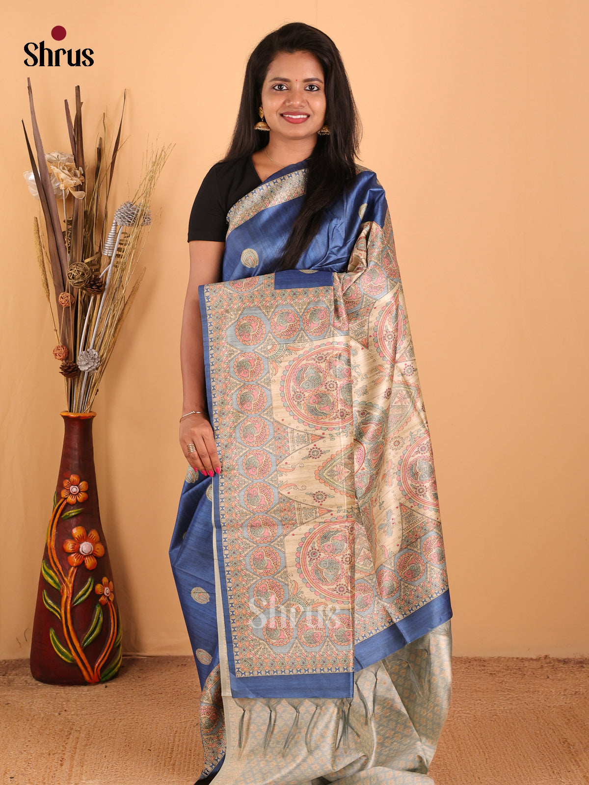 Blue & Cream - Printed Madhubani Saree - Shop on Shrus.com