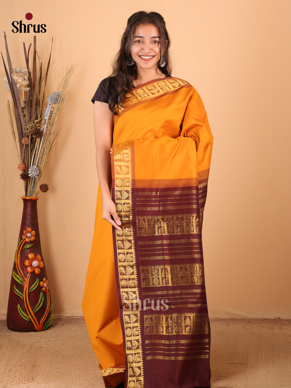 Mambazha Yellow & Brown- Silkcotton-halfpure Saree - Shop on Shrus.com