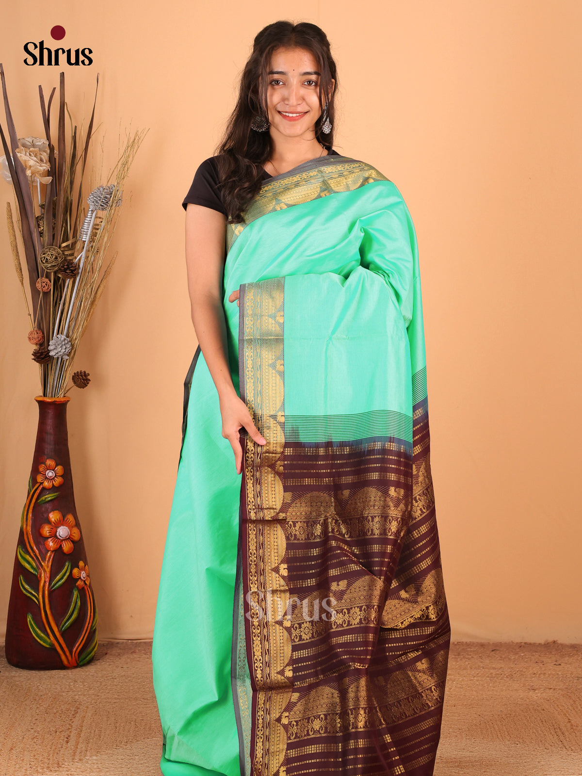 Teal & Brown - Silkcotton-halfpure Saree - Shop on Shrus.com
