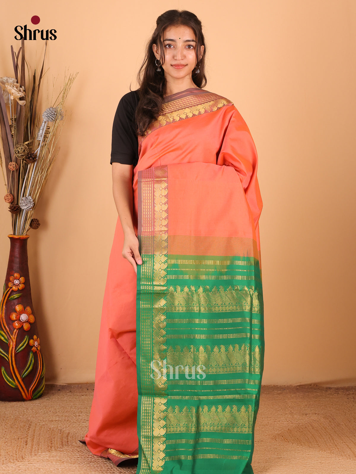 Brick Orange & Green - Silkcotton-halfpure Saree - Shop on Shrus.com