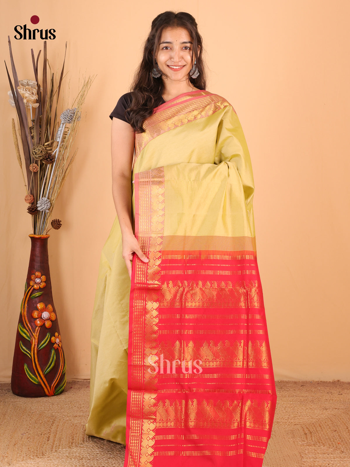 Elachi Green & Red- Silkcotton-halfpure Saree - Shop on Shrus.com
