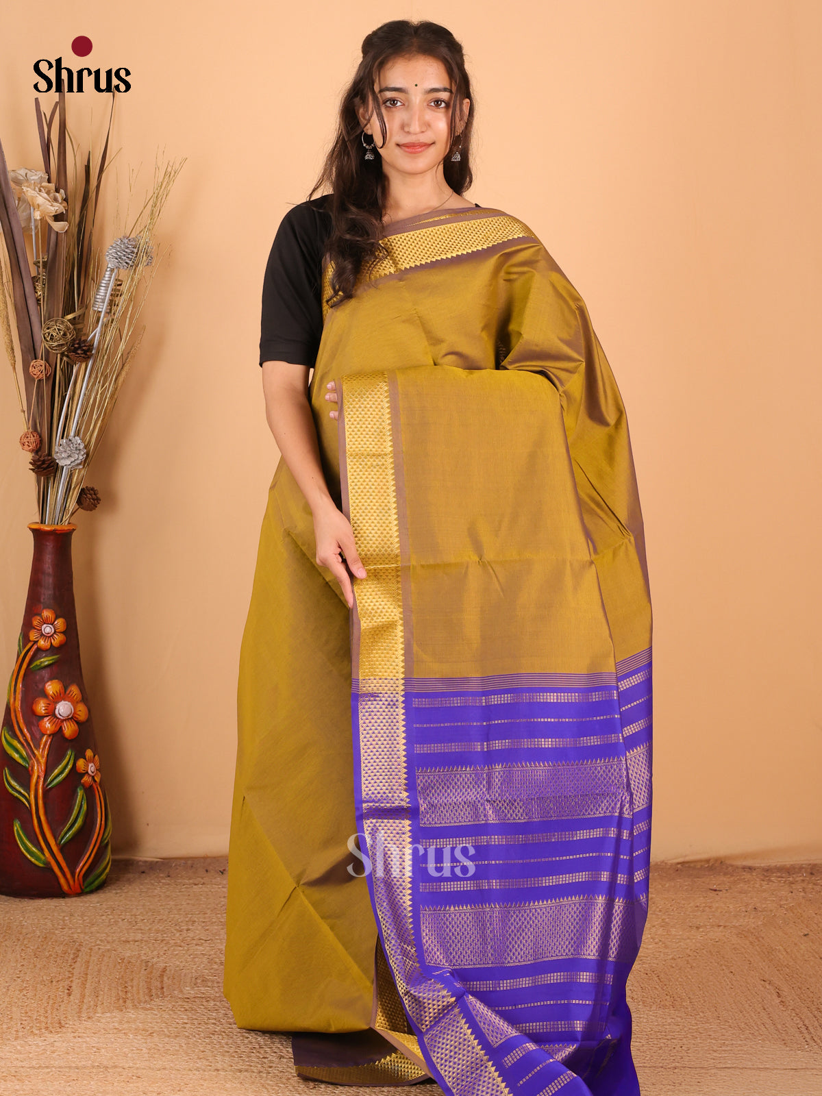 Mustardy Green & Blue - Silkcotton-halfpure Saree - Shop on Shrus.com
