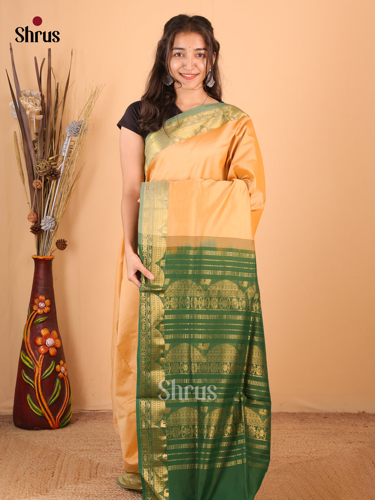 Peach & Green - Silkcotton-halfpure Saree - Shop on Shrus.com