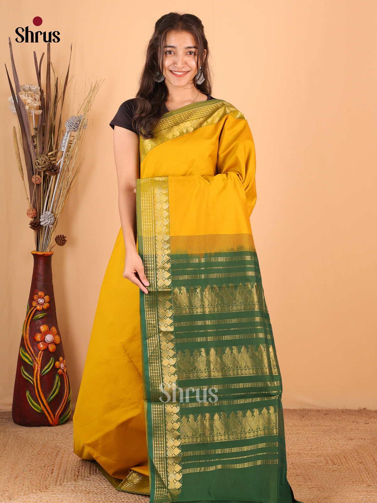 Mambazha Yellow & Green - Silkcotton-halfpure Saree - Shop on Shrus.com
