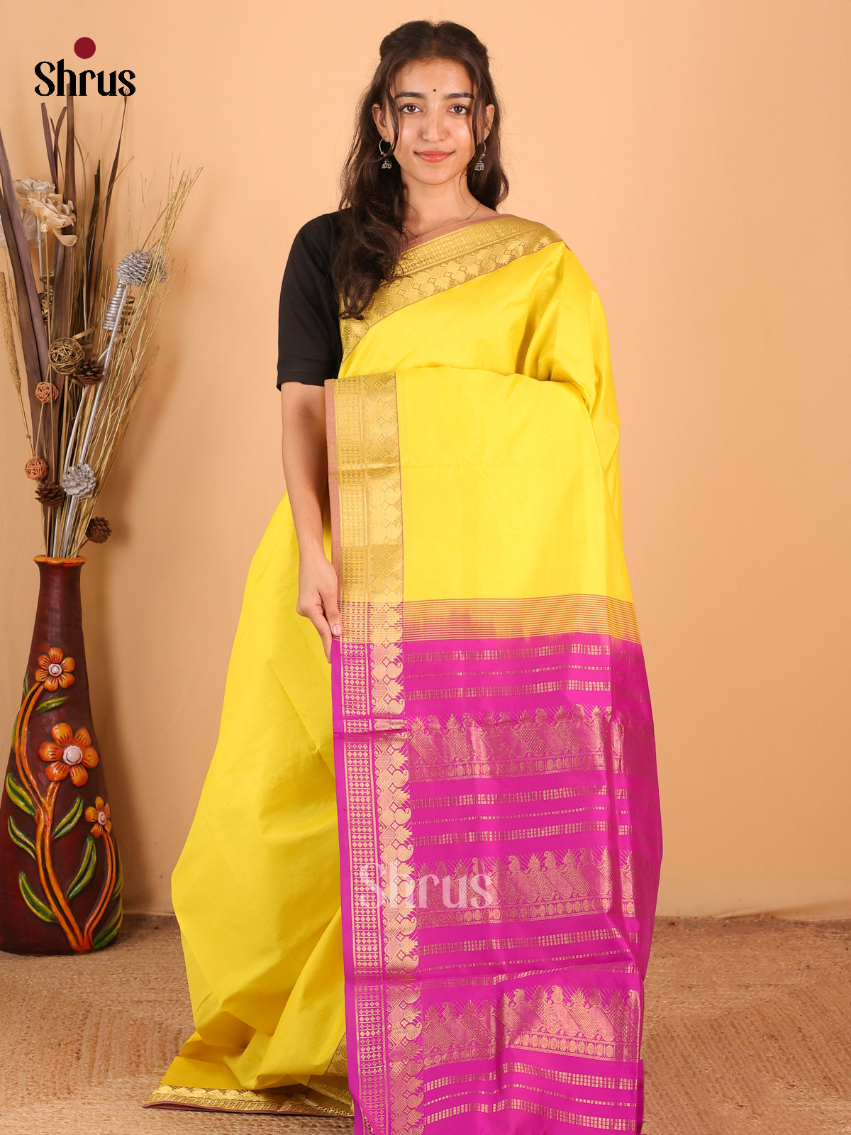 Yellow & Majenta - Silkcotton-halfpure Saree - Shop on Shrus.com